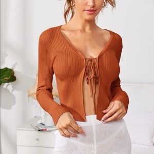 Rust color Tie front open rib-knit crop cardigan